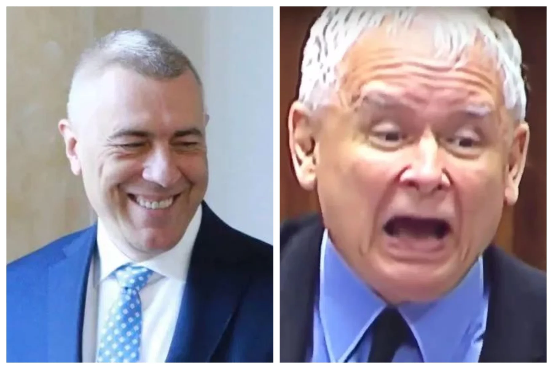 Roman Giertych rozbawiony memem ze sobą i Kaczyńskim.