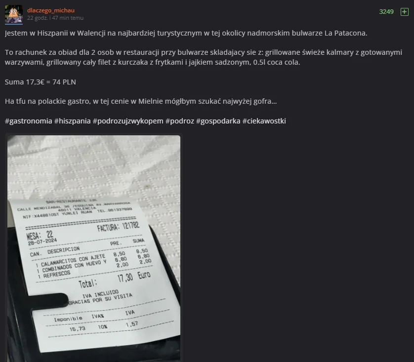 ceny obiad hiszpania walencja rachunek paragon grozy czy jest drogo