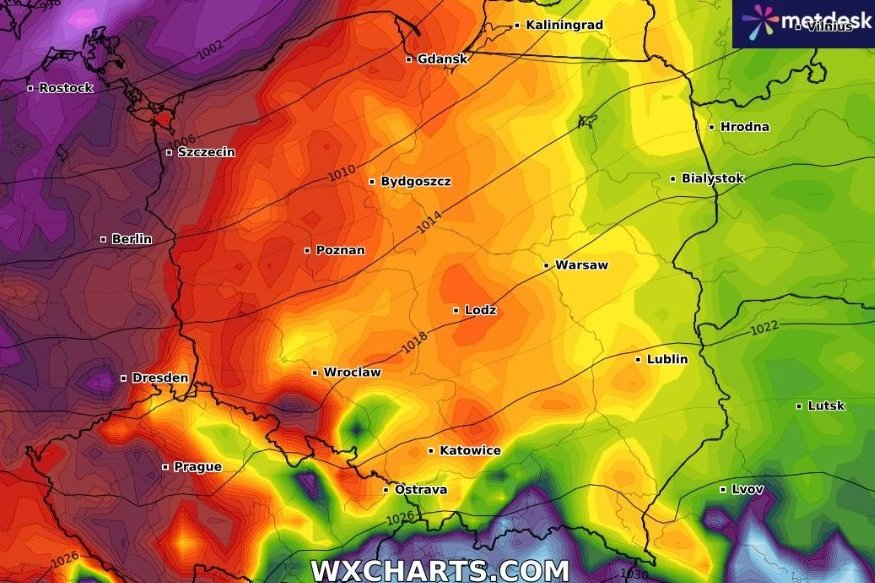 Do Polski idzie załamanie pogody. Na zdjęciu symulacja wiatru w przyszłym tygodniu na stronie WXCharts.com