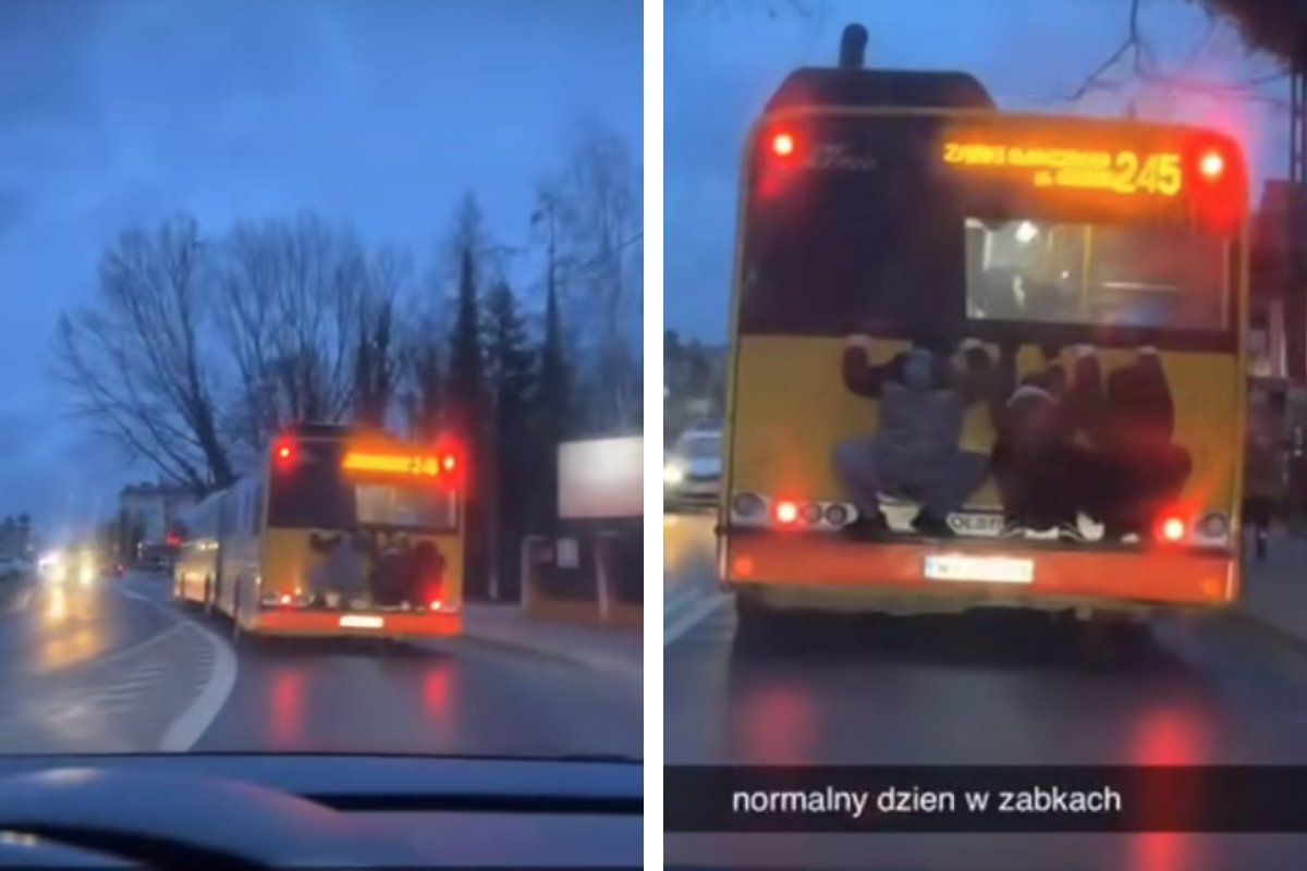 Trzech chłopaków chwyciło tył autobusu w Ząbkach i tak sobie jechało przez miasto.