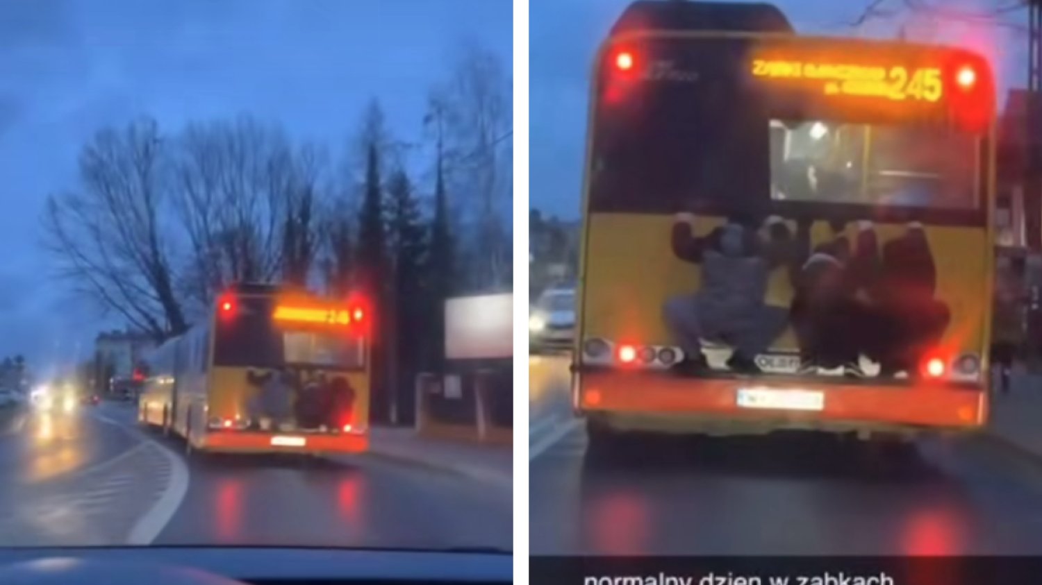 Trzech chłopaków chwyciło tył autobusu w Ząbkach i tak sobie jechało przez miasto.