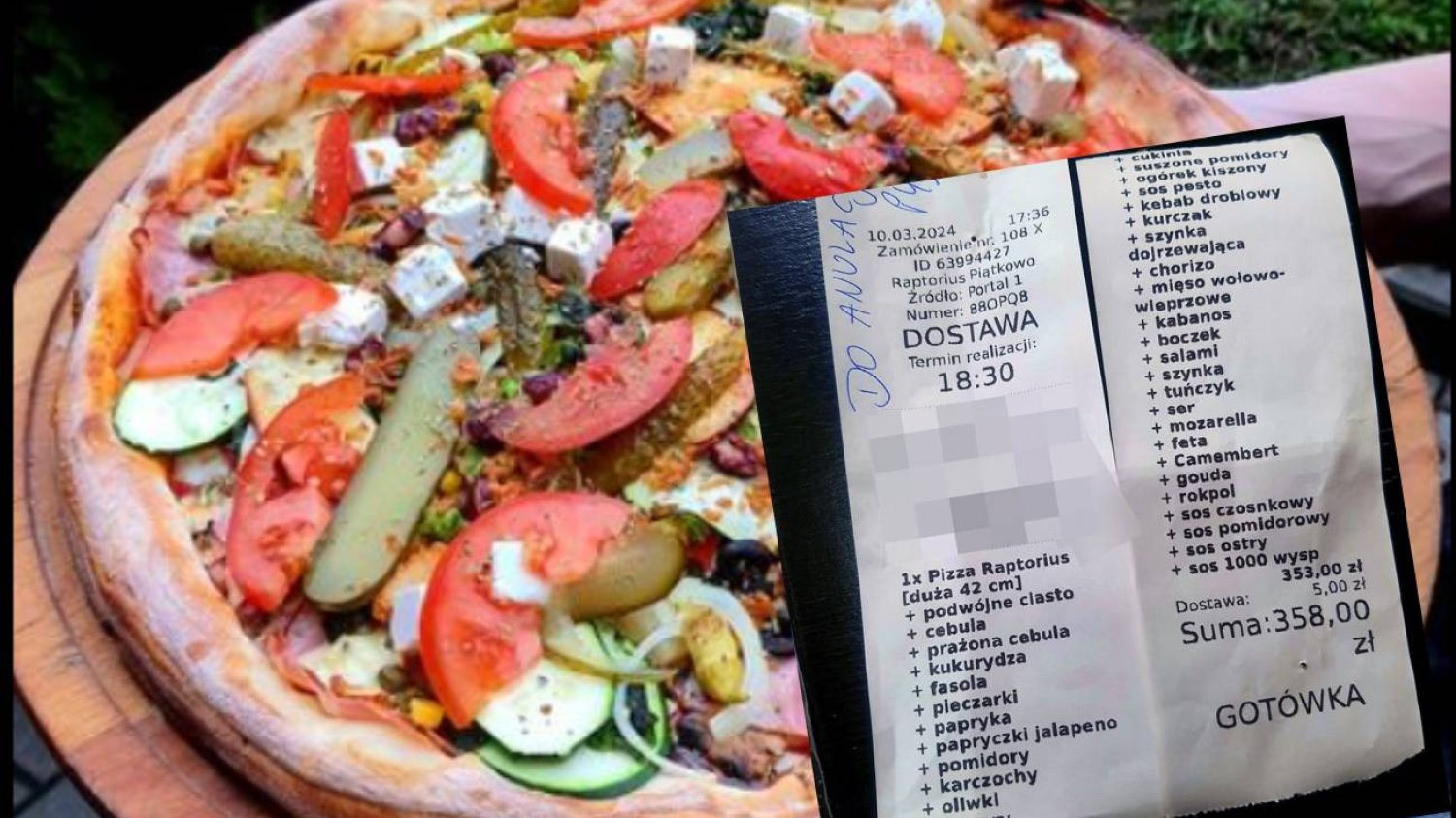 Zamówił pizzę za 358 złotych. Szokuje dopisek do paragonu