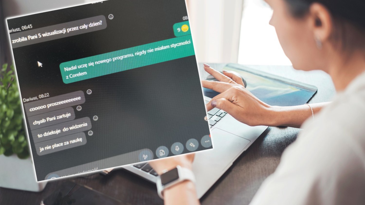 szef zwolnienie skype czat grupowy graficzka reakcje